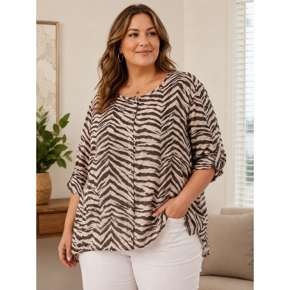 Tahari LINEN blouse women PLUS Size 3X ivory brown woman zebra print summer Chic